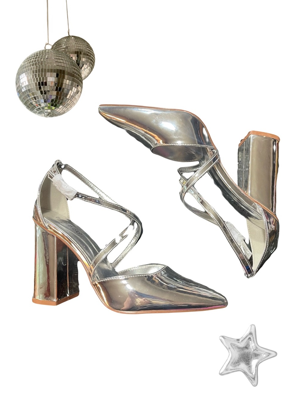 Silver Metallic Pointed-Toe Block Heel Pumps with Crisscross Straps